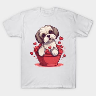 Cartoon Shih Tzu Dog in Hearts Basket T-Shirt